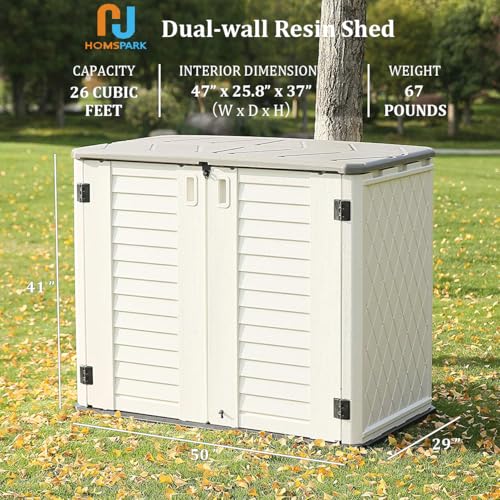Image of HOMSPARK Storage Shed Weather Resistance, Multi-Purpose Outdoor Storage Cabinet for Backyards and Patios, 26 Cu.ft Capacity Horizontal Storage Shed for Bike, Lawnmower, Trash Cans, Patio Accessories