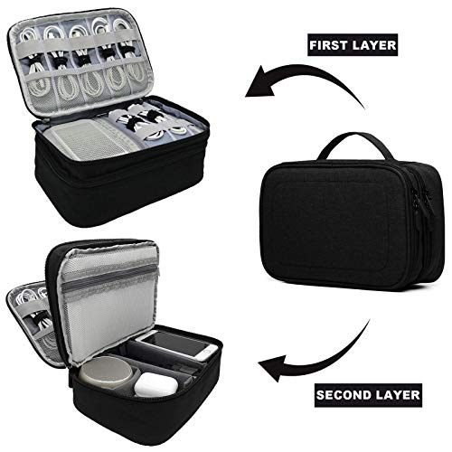 Electronics Travel Organizer, Double Layer Cable Organizer Bag, Waterproof Portable Electronics Accessories Case Storage for iPad Mini, USB C Hub, Charger Cord,Flash Drive,Phone, Gift for Him, Black