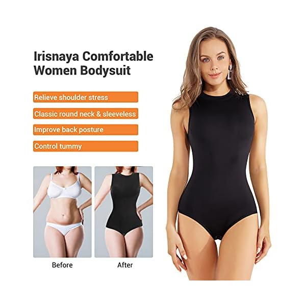 Irisnaya Shapewear Bodysuit for Women Waist Trainer Tummy Control Vest Body Shaper Round Turtleneck Jumpsuit (Large, Black)