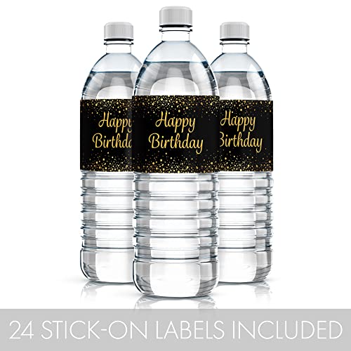 Black And Gold Happy Birthday Party Water Bottle Labels - 24 Stickers #TOP3