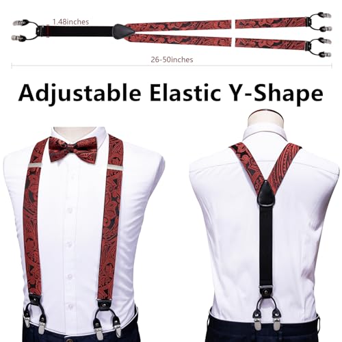 Image of YOHOWA Men Suspenders 6 Clips Strength Adjustable Y Braces Pre-Tied Bow Tie Set Formal Wedding Party