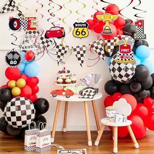 Image of Black Red Yellow 1st Birthday Hanging Swirl Decorations-Race Car Ceiling Streamers,Race Car Theme Party Supplies,Party Favors(38 Pcs)