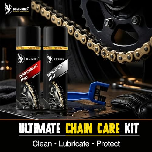 Image of BLACKBIRD Bike Care Kit, 1 Pc Each - Chain Lube Spray 220ml, Chain Cleaner Spray 220ml & Chain Cleaning Brush - Motorcycle Cycle Chain Cleaner Lubricant Maintenance Combo