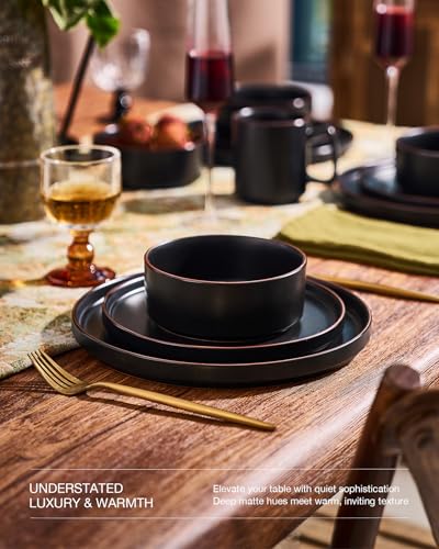 Image of Famiware Nebula Ridge Stoneware Dinnerware Sets with Pasta Bowls, Plates and Bowls Sets, Service for 4 (16 Pieces), Microwave and Dishwasher Safe Kitchen Plates, Matte Black