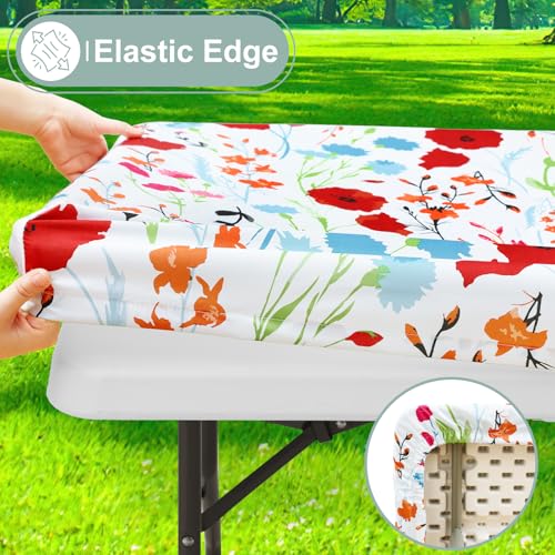 Image of misaya Picnic Table Cover with Bench Cover, Waterproof Elastic Fitted Tablecloth for 8 Foot Tables, Rectangle Washable Polyester Fabric Tablecloths for Picnic, Camping, Outdoor (Flower, 30 inch x 96 inch)
