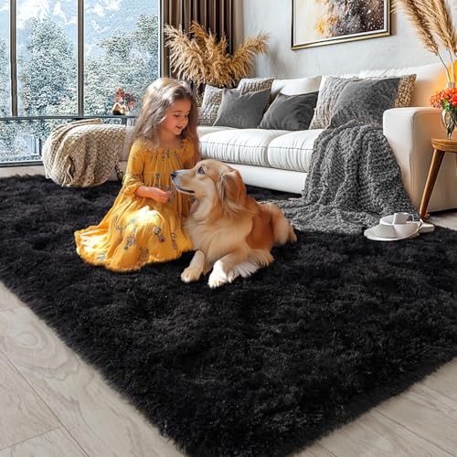 KING DARE 9x12 Area Rug for Living Room Plush Carpet, Soft Fluffy Shaggy Fuzzy Furry Large Black Rug, Anti-Slip Washable Modern Floor Rug for Bedroom Home Aesthetic Decor