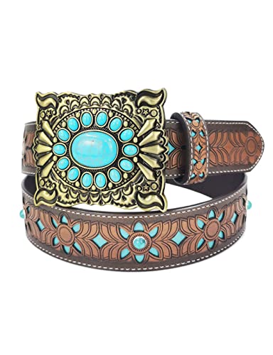 Topacc Western Belts For Women Turquoise Cowgirl Cowboy Rodeo Country Tooled Leather Belt Brown Jeans Pants #TOP4