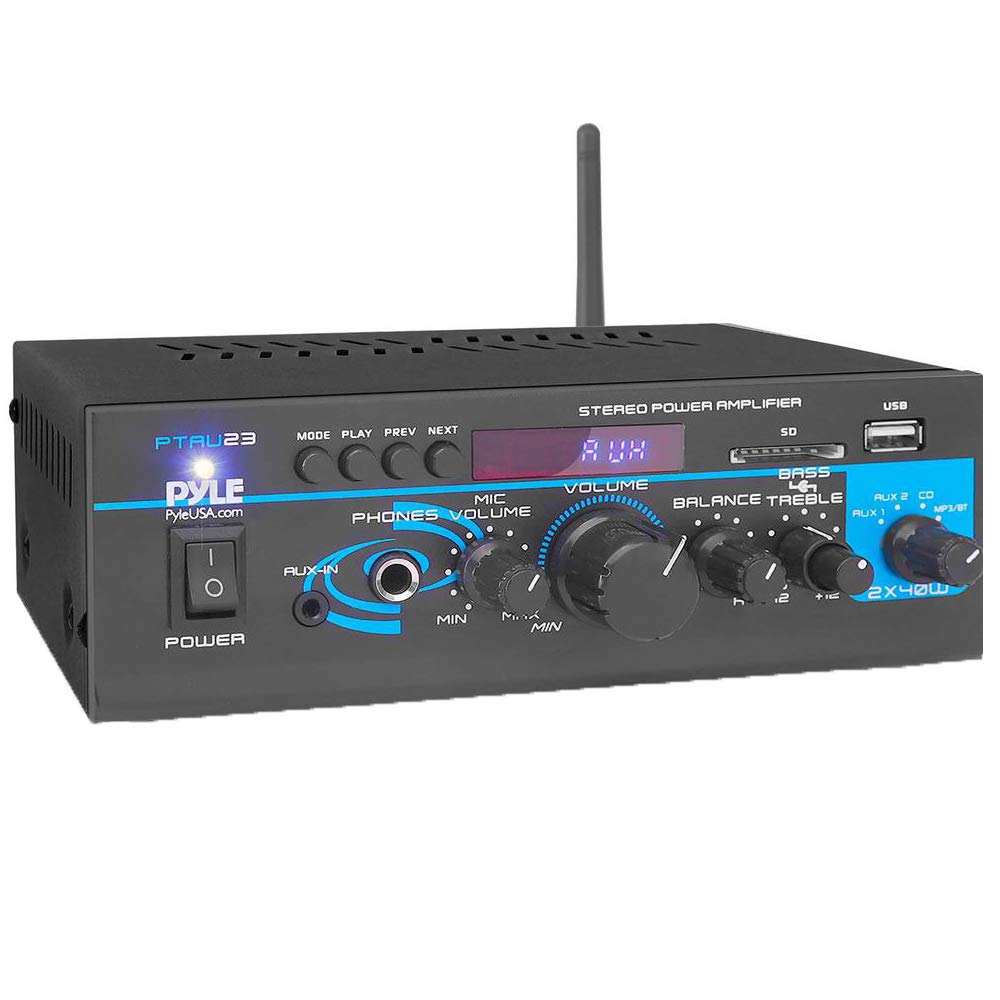 Pyle Home Audio Bluetooth Power Amplifier System - 2X40W Mini Dual Channel Mixer Sound Stereo Receiver Box with RCA, USB, AUX, Headphone, Mic Input, Theater, Home Entertainment, Studio Use, PTAU23