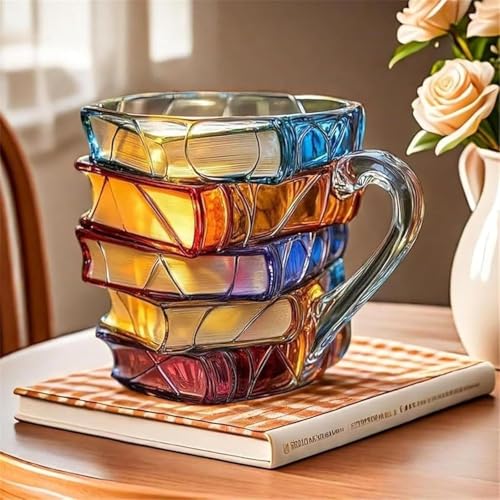 3D Stacked Books Kaffeetasse Bunte Neuheit Buch Liebhaber Geschenk für Lehrer & Literarische Freunde Kreative Keramik Lesetasse mit Buchthema Teetasse