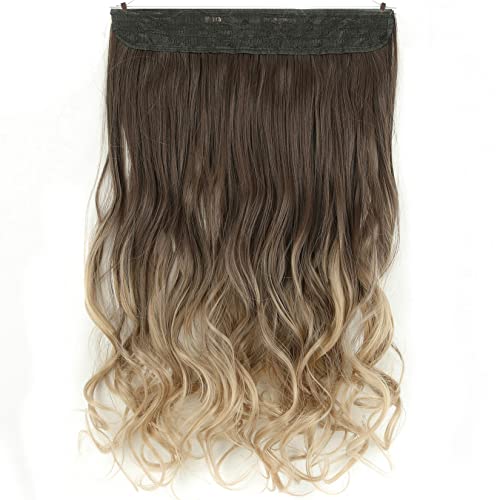 Elaine 20" Curly Wavy Hair Extension Synthetic 4.42 Oz Invisible Transparent Wire Adjustable Headband No Clip Hairpiece For Women (Medium Brown Ombre Light Ash Brown -#263A, 20 Inch) #TOP6