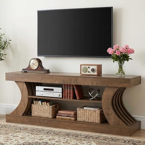 Image of Tribesigns 63" TV Stand Cabinet for TVs up to 75", 3-tier, Farmhouse