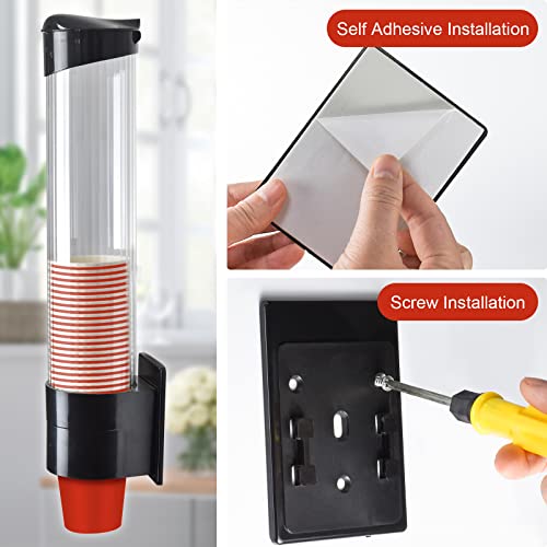 IWNTWY Cup Dispenser, Pull Type Wall Mount Cup Holder, Water Cooler Cup Dispenser Fits 7oz - 12oz Cups for Home Office Hospital Cups Organizer, Adhesive Paste or Screw Install (Black, Large)