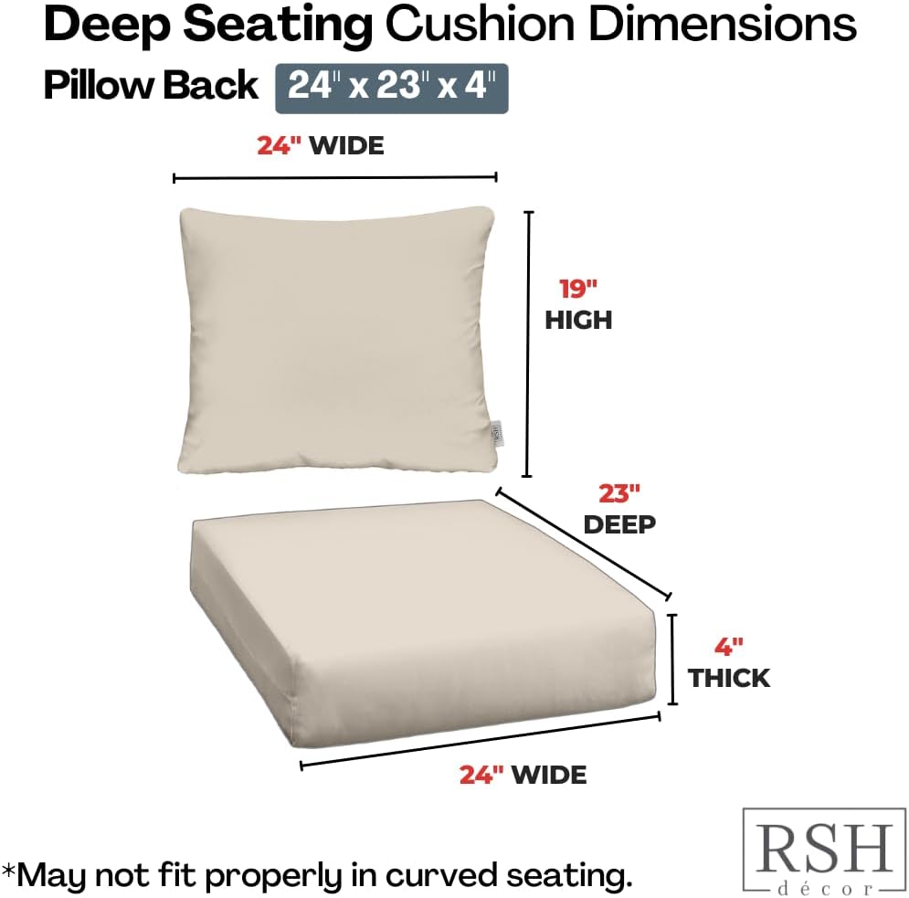 RSH DECOR Sunbrella Deep Seating Cushion with Pillow Back | 24" x 23” x 4" Seat | Water and Fade-Resistant Performance Fabric | Outdoor Chair Cushion Set for Patio Furniture | Spectrum Dove