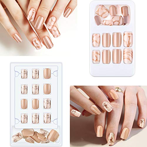 48 Pieces False Nails Press On Fake Fingernails Artificial Marble Medium Nail Tips Kit 12 Sizes in 2 Boxes Full Cover False Nails with Files Stick for Nail Art Salon DIY Decoration