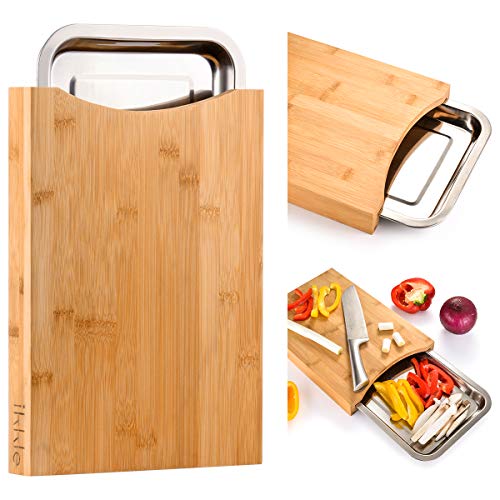Tagliere in Legno bambù con Vassoio in Acciaio Inox, Tagliere con Contenitore, con Vassoi in Acciaio Inossidabile Separa Rifiuti e Alimenti, Dimensioni Tagliere : 34x24x4cm