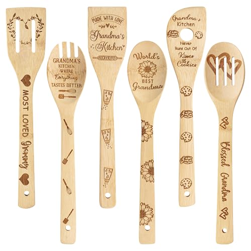 Haooryx Grandma Bamboo Spoons Utensils Set - 6Pcs Best Grandma Cooking Utensils Non-Stick Spoons Burned Bamboo Cookware Kitchen Gadget Kit Mother's Day Gift Grandma's Birthday Housewarming Present