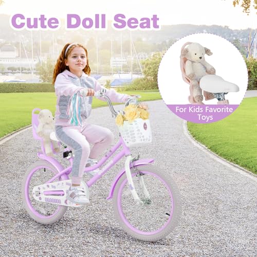 Image of Olakids Kids Bike, 12 14 16 18 20 Inch Girls Bicycle with Doll Seat Basket Adjustable Seat and Handlebar, Handbrake and Coaster Brake