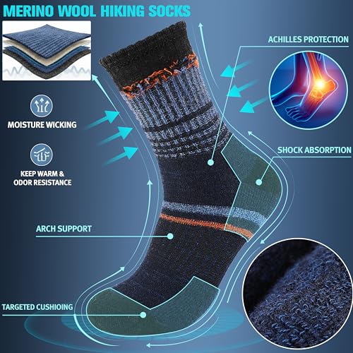 Sandsuced Merino Wool Hiking Socks Thermal Winter Warm Cozy Outdoor Crew Socks 5 Pairs Gift Stocking Stuffers for Men(Assorted Blue,L)