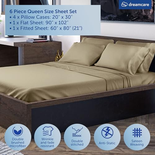 Image of DREAMCARE Queen Sheets - 6 pcs Breathable Cooling Sheets Queen - up to 21 inch | Extra Deep Pocket Queen Sheets Set with Side Pockets - Extra Soft - Queen Sheet Set -Hotel Luxury Queen Bed Sheets Eucalyptus