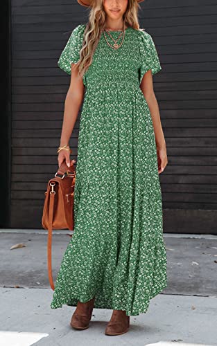 Image of PRETTYGARDEN Women's 2026 Summer Casual Flutter Short Sleeve Boho Floral Maxi Dress Crew Neck Smocked Tiered Long Dresses