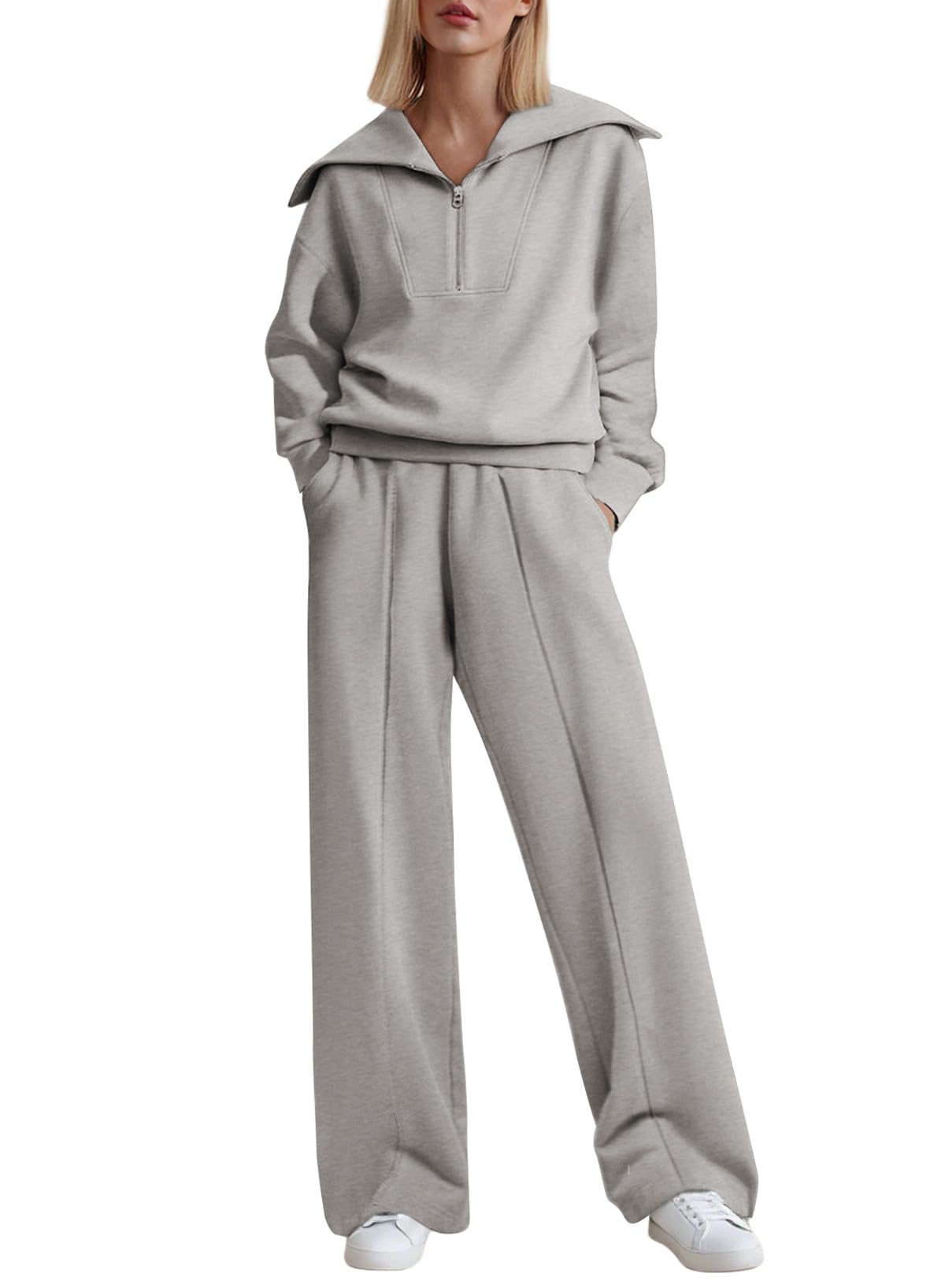 Two Piece Outfits Half Zip Sweatshirt Sweatsuit Lounge Sets for Women Matching Set Wide Leg Sweatpant Tracksuit