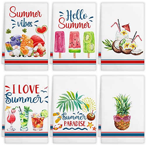 Mixweer 6 Pcs Hello Summer Kitchen Towels Decorative Cute Tea Dish Towels with Watermelon Pineapple Dessert Fruit Cocktail Kitchen Hand Towel for Bathroom Holiday Seasonal Decor 16 x 24 Inch