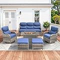 Luxury Patio Furniture Set with 42.5" Fire Pit Table, 6 Pieces High Back All Weather Wicker Outdoor Furniture w/ 6-Inch Thick Cushions, Patio Swivel Chairs Couch for Deck Balcony Backyard Grey/Blue