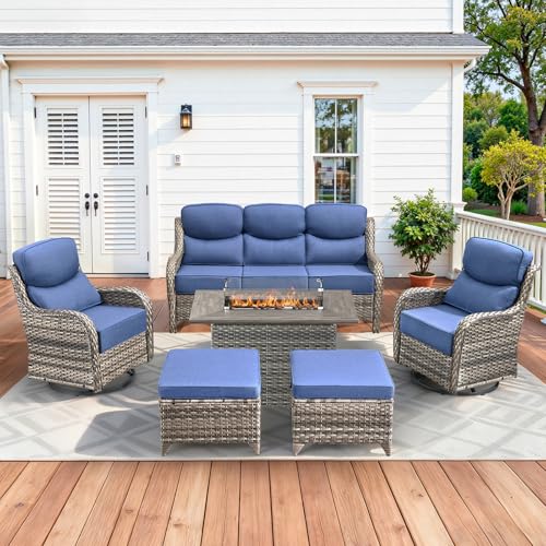 Luxury Patio Furniture Set with 42.5" Fire Pit Table, 6 Pieces High Back All Weather Wicker Outdoor Furniture w/ 6-Inch Thick Cushions, Patio Swivel Chairs Couch for Deck Balcony Backyard Grey/Blue
