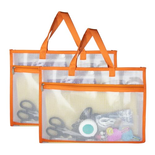 Image of 2 Pcs Portable Project Bags for Quilting Knitting, Stitching and Embroidery Projects Storage, Sew Project Bag with Zipper and Double Pockets, Transparent Mesh Sewing Project Bag for Crafter