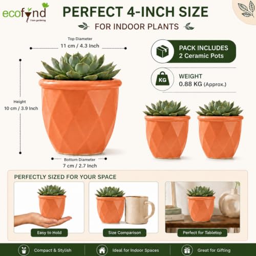 Image of ecofynd 4 Inch Ceramic Plant Pots with Drainage Hole, Modern Decorative Clay Flower Pots for Indoor Plants, Home Garden Decor for Living Room, Bedroom & Interior Spaces (Pack of 2, CPOT043-PEH)