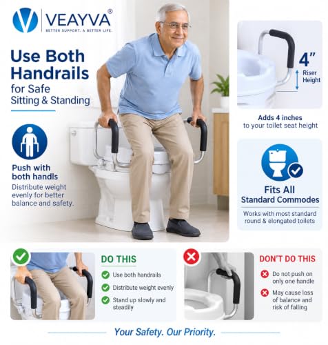 Image of Commode Raiser Raised Toilet Seat with Handles - 5 High-Rise Commode Riser for Seniors, Adults & Disabled | Removable Arms | Fits Round Toilets | Bathroom Safety Aid for Elderly