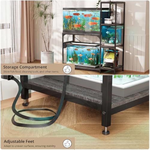 Image of VOWNER 20-29 Gallon Fish Tank Stand with Power Outlet, Wood Aquarium Stand with Shelves for Fish Tank Accessories Storage, Heavy Duty Metal Frame, Turtle Reptile Terrarium Stand, Load 500lb, Grey