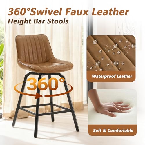 Image of 26 inch Counter Height Bar Stools Set of 4, 360Swivel Bar Stools Stripes PU Leather, Island Stools with Back and Metal Legs, Bar Chairs for Kitchen, Bar, Dining Room, Brown