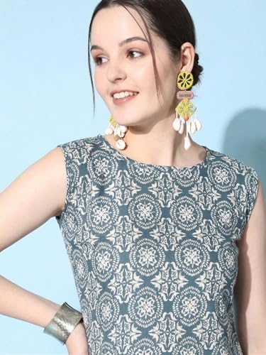 Image of Sleeveless Kurti for Women Pure Cotton Stylish Round Neck Printed Ethnic Short Kurti Jeans Top Casual Office