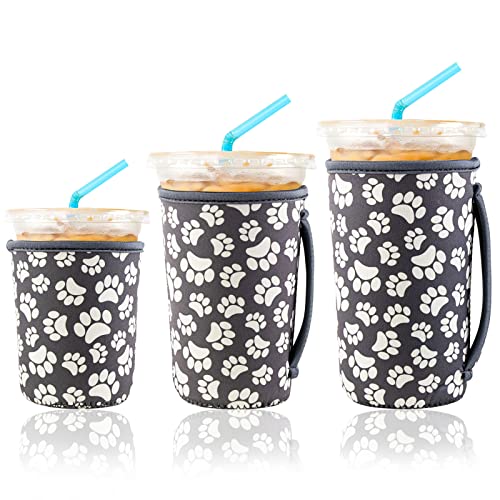 Image of KJQJLY 3 Pack Reusable Iced Coffee Sleeves for Iced Coffee Cups or Drinks Reusable Neoprene Insulated Sleeves for Hot and Cold Drinks from Starbucks, Dunkin, And More (Paw Prints)