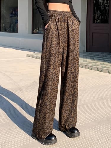 Women's Retro American Style Leopard Print Elastic High Waist Long Pants Wide Leg Loose Trousers with Pockets4