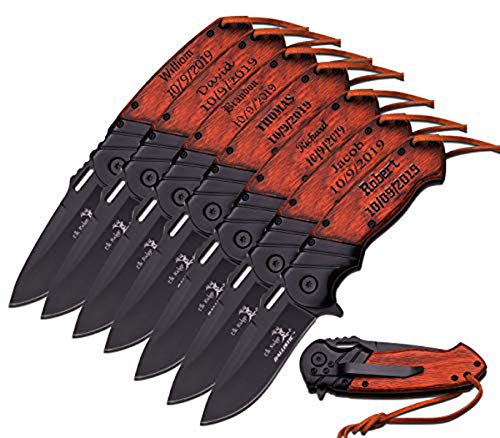 GIFTS INFINITY Customized Pocket Folding Knife with Metal Blade Set of 7 Free Engraving - Groomsmen Wedding Party Personalized Monogrammed Engraved for Free (A-003BW-7)