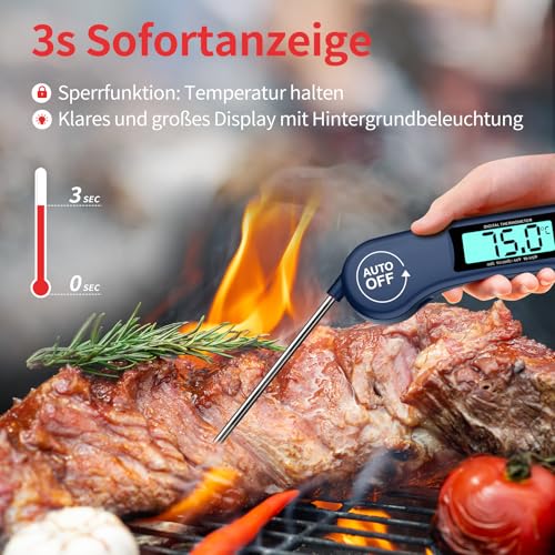 DOQAUS Grillthermometer Fleischthermometer Küchenthermometer Bratenthermometer Kochthermometer mit 3s Sofortiges Auslesen, LCD Bildschirm und Lange Sonde, für Kochen, BBQ (Navyblau)