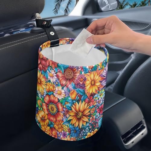 Image of Colorful Flower Auto Garbage Bag Trash Can Collapsible Trash Rubbish Bin Basket Bag Hanging Cup Holder Organizer Car Interior Accessories for Front Seat, Back Seat, Floor, Headrest
