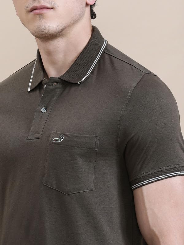 Image of CROCODILE Men Solid Slim Fit Polo T-Shirt | Regular Length | Short Sleeve | Button Placket | Casual Knitted Topwear
