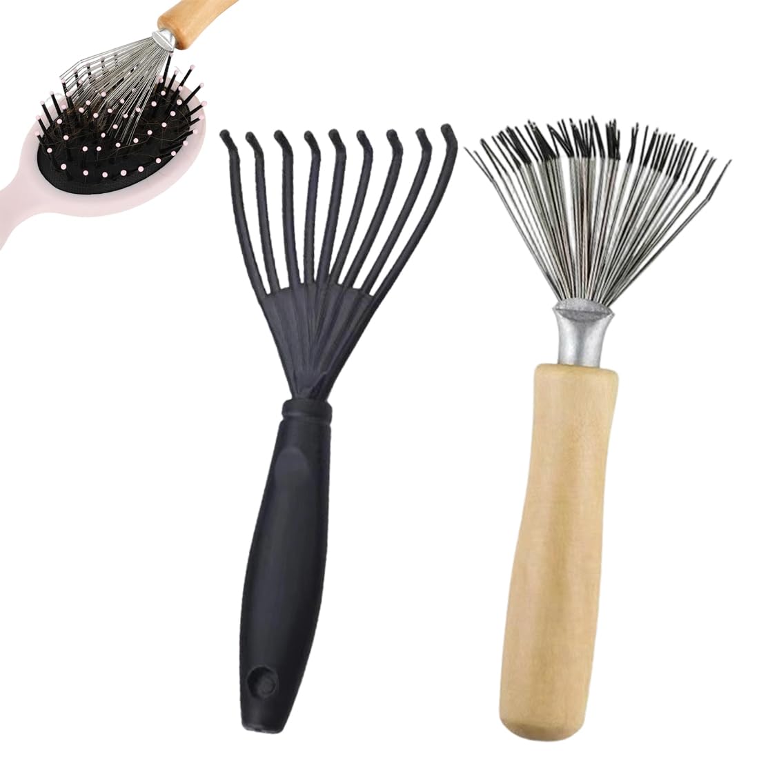 2 Pcs Strumenti per la Pulizia Spazzole per Capelli Pulisci Spazzole con Rechen Design e Manico in Legno Mini Accessorio per Rimuovere Capelli Polvere Sporco e Pelucchi per Casa e Salone