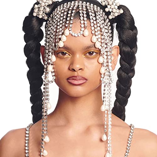 StoneFans Rhinestone Head Chain Jewelry, Bridal Pearl Forehead Elastic Headbands Tassel Stretch Long Hair Accessories Jewelry for Women Girls