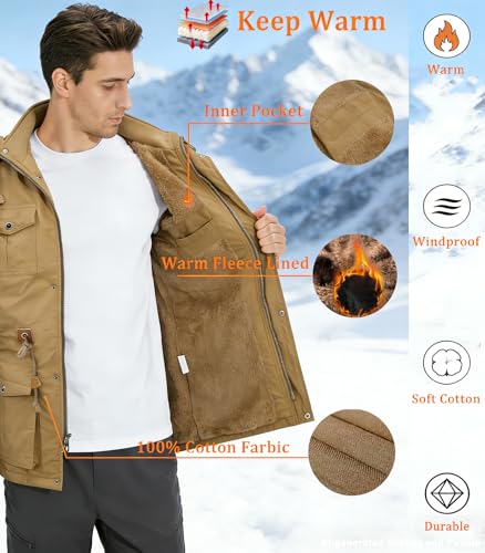 Image of INVACHI Men's Thick Winter Jacket With Hood,Fleece Lining Cotton Military Jackets,Work Coats with Multiple Pockets