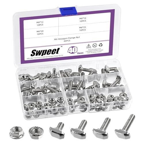 Swpeet 80Pcs 4 Tailles Norme européenne 30 Series M6 x 12/16/20/25mm T Bolt et Nickel à fente M6 Kit d'assortiment d'écrous à brides, Fente de filetage T, Bolt en T, Boule de tête de marteau, Stud de vis T