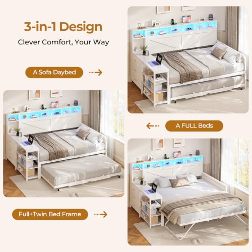 Image of MSmask Daybed with Trundle & 3 Storage Drawers, Full Size Day Bed Frame with Headboard & Charging Station, Farmhouse Wooden Bed Frame with LED for Bedroom and Guest Room, White