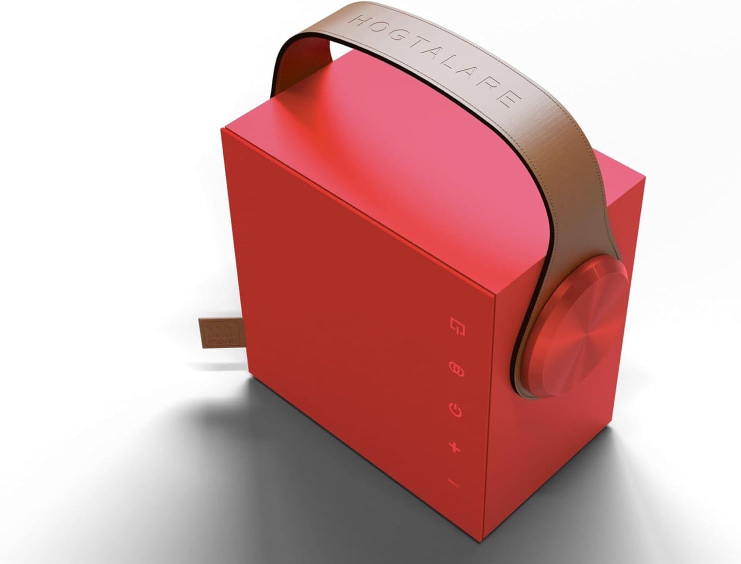 ด้านระยะใกล้ view of the Morel Biggie speaker showing the touch control panel with power, Bluetooth, volume, and multi-function buttons.