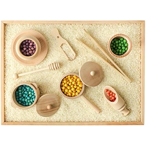BLUE GINKGO Sensory Bin Tools - Montessori Fine Motor Skills Learning Waldorf Toys for Toddlers and Kids Pretend Play - 9 Piece Kitchen Wooden Set - Includes Wooden Scoops, Bamboo Tongs in a Gift Box Cover