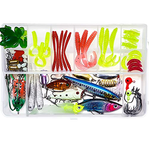 Fishing Lures, 92pcs Freshwater and Saltwater Fishing Lure Kits with Frog, Plastic Worms, Spinner Baits, Jigs and Fishing Accessories for Bass Trout Salmon with Tackle Box, Fishing Gifts for Men