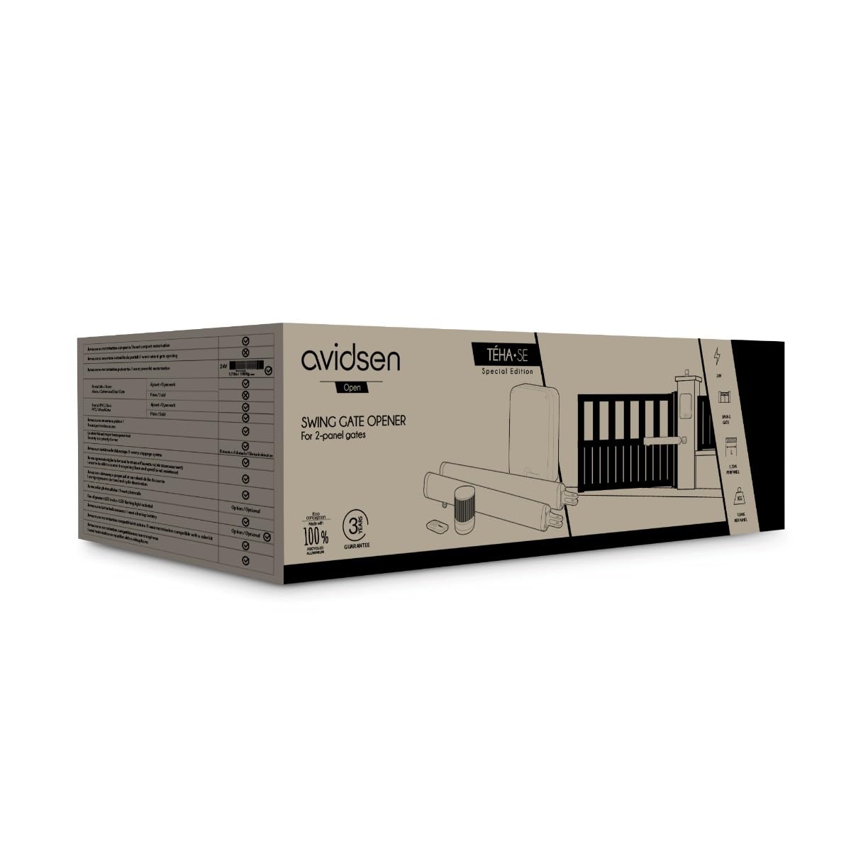 AVIDSEN Teha SE - Pack Motorisation Solaire pour Portail Battant à Vérins - Kit Complet 24V - Inclus : Panneau Solaire, 3 Télécommandes, Photocellules - Installation sans Travaux