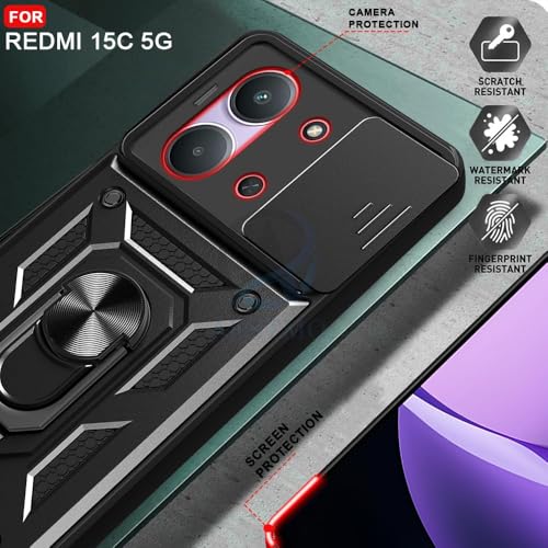 Image of AIBEX Back Cover Compatible for Redmi 15C 5G / Poco C85 5G | D10 Tough Armor Case | Sliding Camera Shield | 360 Protection | Kickstand Ring Holder | Military-Grade Bumper Case - Black
